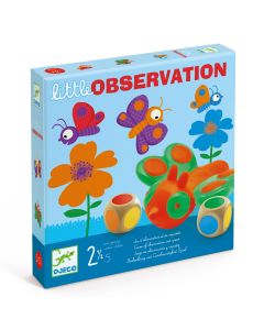 Little Observation es un juego de mesa infantil con mariposas de colores y 2 dados de madera para jugar con niños y niñas a partir de los 36 meses.