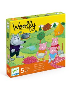 Woolfy juego de mesa infantil, cooperativo, basado en el cuento de Los tres cerditos y el lobo.